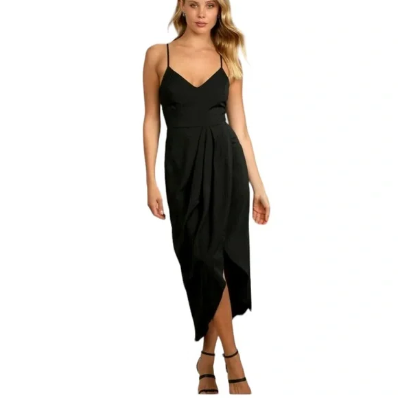 Lulus | Dresses | Lulus Reinette Black Faux Wrap Draped Flowy Asymmetrical  Slip Midi Maxi Dress M | Poshmark